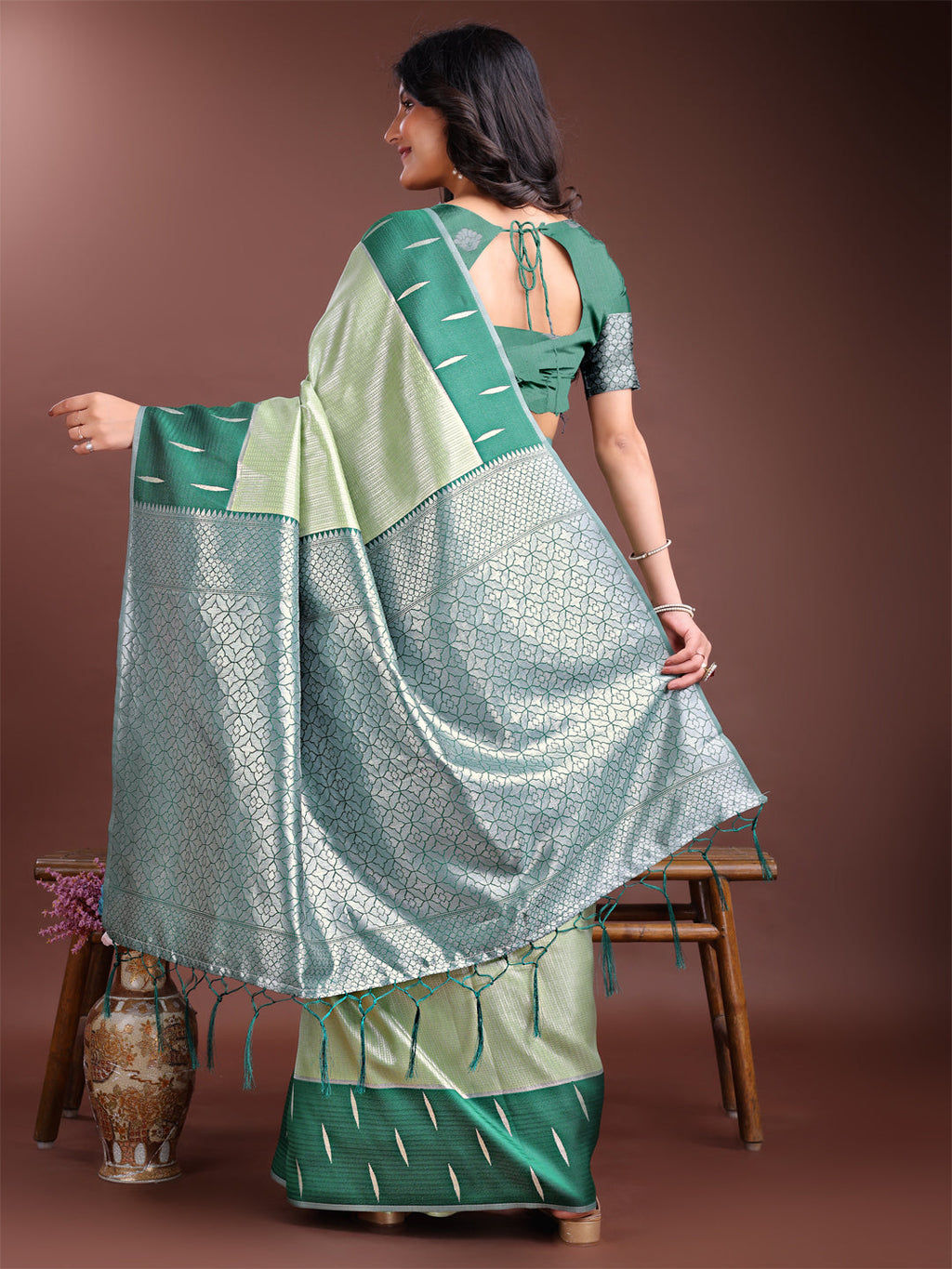 Shree Shyam Fashion Light Green Lichi Silk Woven Zari Work Traditional Tassel Saree