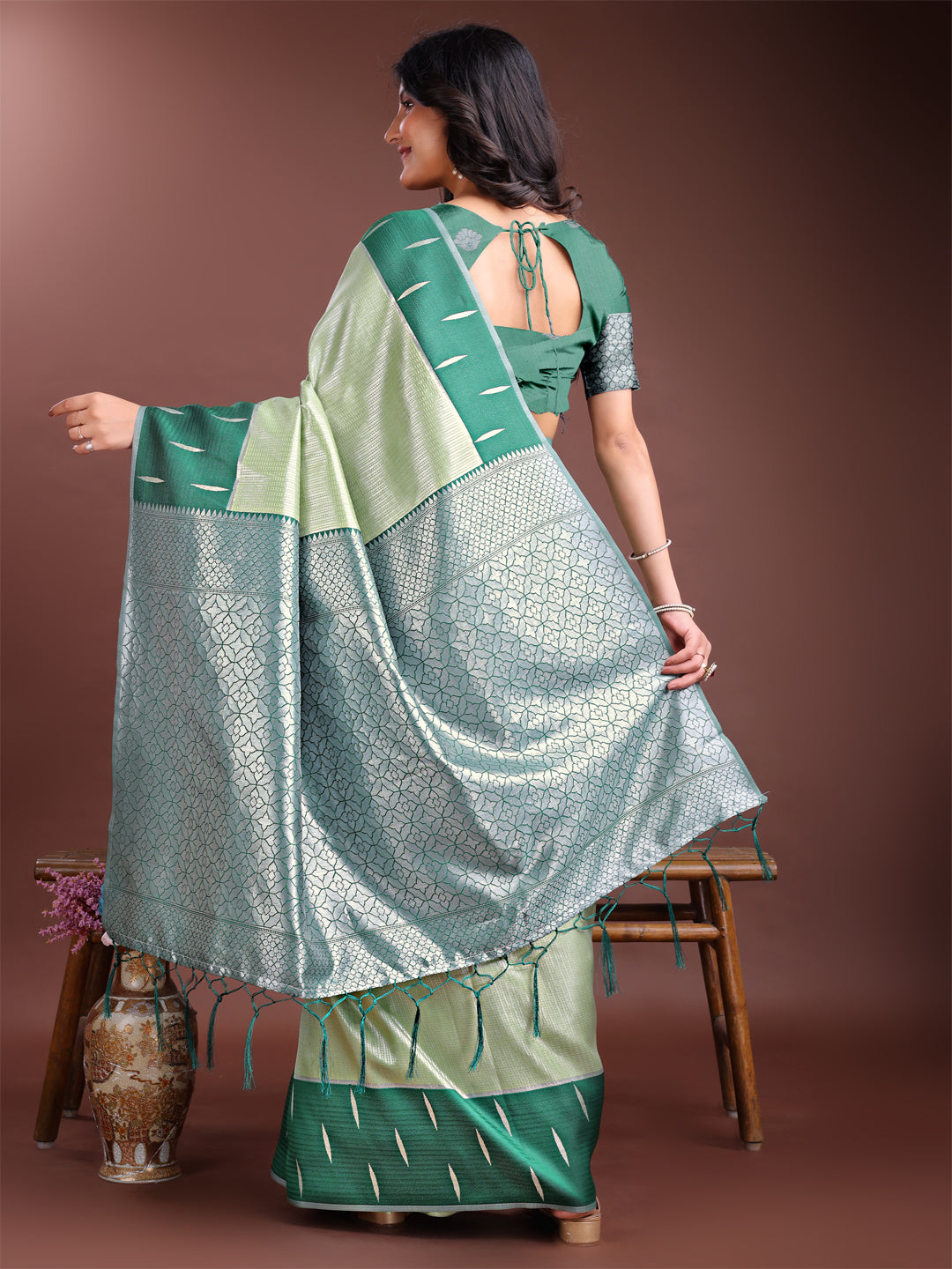 Shree Shyam Fashion Light Green Lichi Silk Woven Zari Work Traditional Tassel Saree