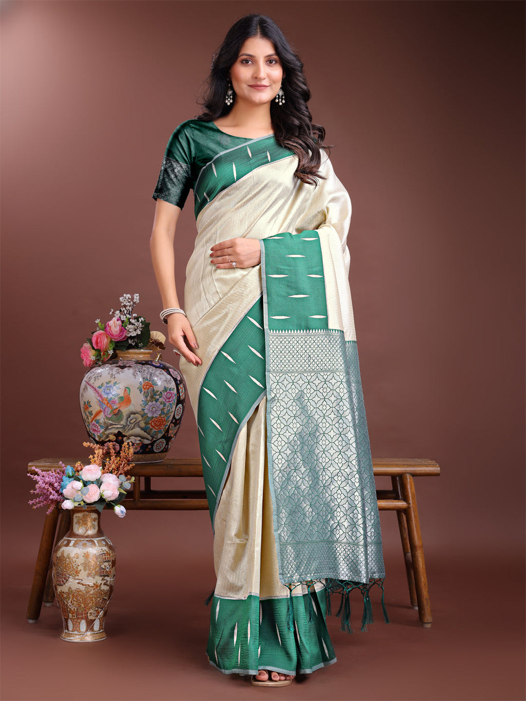 Shree Shyam Fashion Cream Lichi Silk Woven Zari Work Traditional Tassel Saree