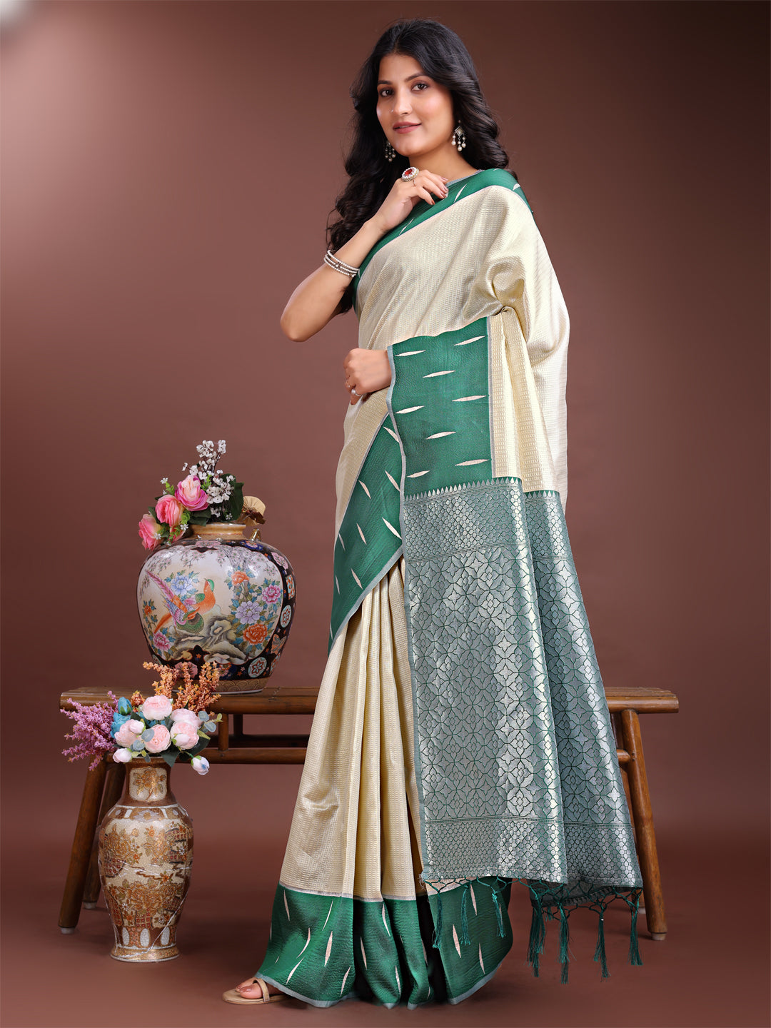 Shree Shyam Fashion Cream Lichi Silk Woven Zari Work Traditional Tassel Saree