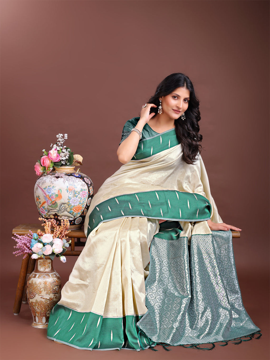 Shree Shyam Fashion Cream Lichi Silk Woven Zari Work Traditional Tassel Saree