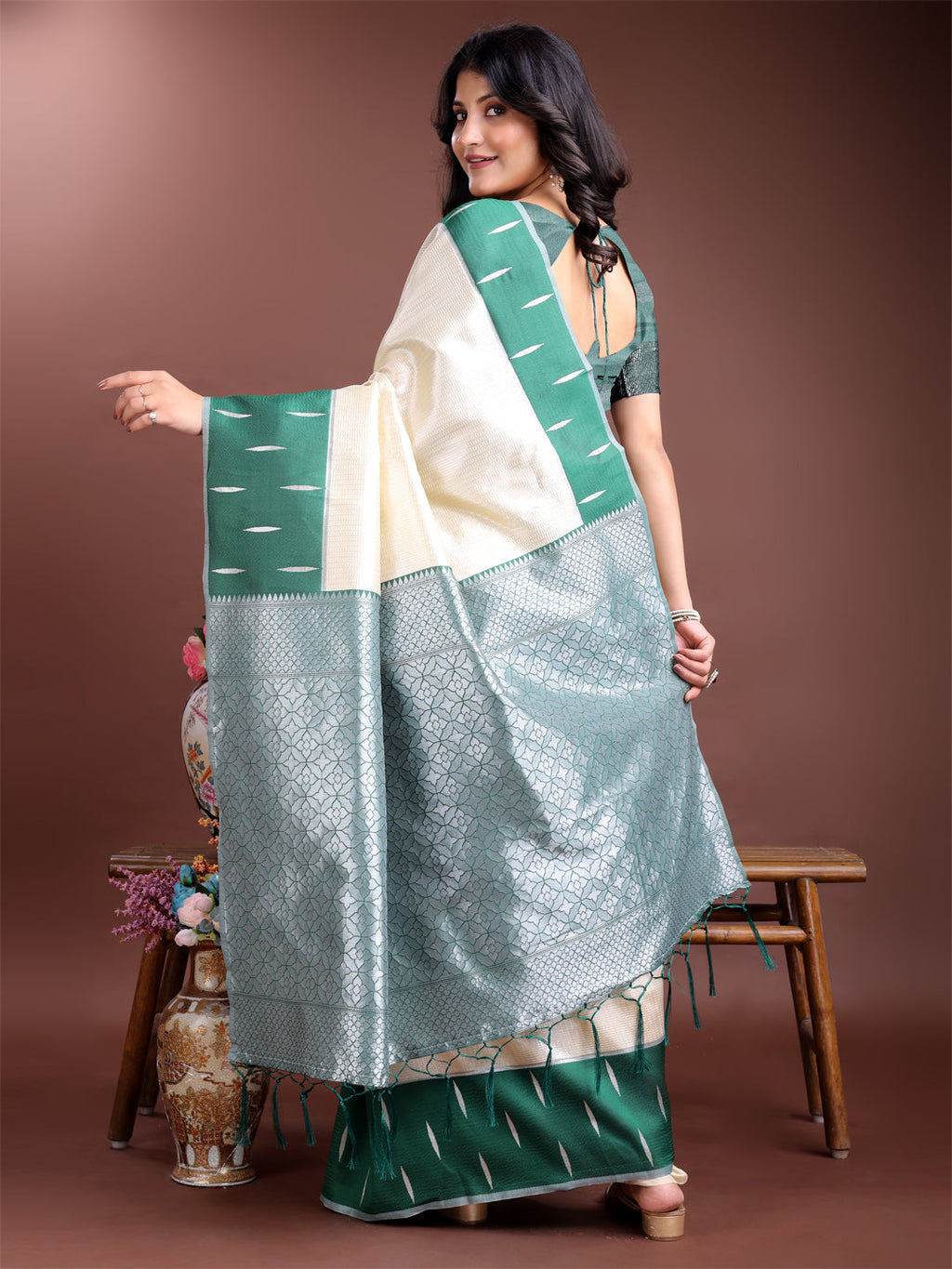 Shree Shyam Fashion Cream Lichi Silk Woven Zari Work Traditional Tassel Saree