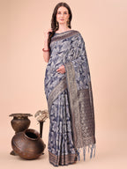 Shree Shyam Fashion Elegant Navy Blue Cotton Silk Saree with Floral Design & Rich Pallu - Festive & Wedding Wear
