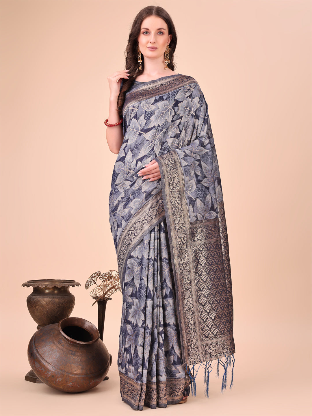 Shree Shyam Fashion Elegant Navy Blue Cotton Silk Saree with Floral Design & Rich Pallu - Festive & Wedding Wear