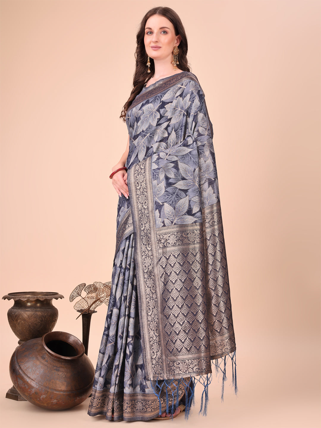 Shree Shyam Fashion Elegant Navy Blue Cotton Silk Saree with Floral Design & Rich Pallu - Festive & Wedding Wear