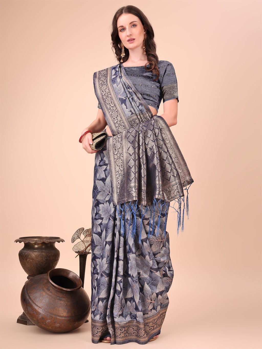 Shree Shyam Fashion Elegant Navy Blue Cotton Silk Saree with Floral Design & Rich Pallu - Festive & Wedding Wear