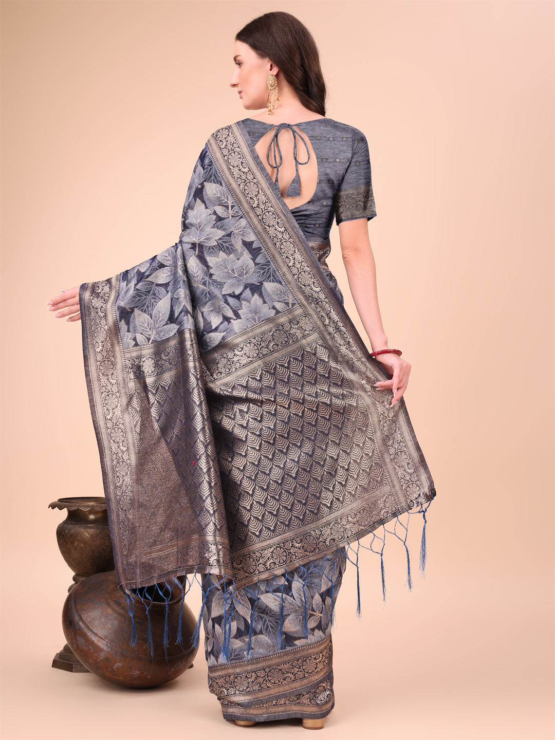 Shree Shyam Fashion Elegant Navy Blue Cotton Silk Saree with Floral Design & Rich Pallu - Festive & Wedding Wear