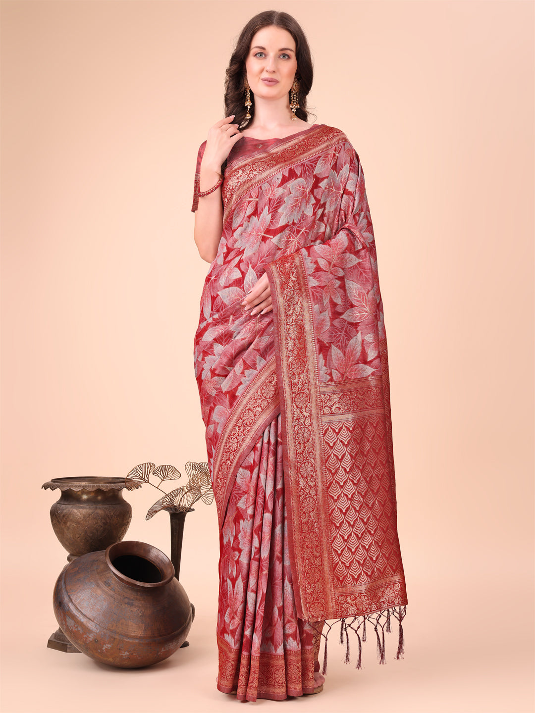 Shree Shyam Fashion Elegant Red Cotton Silk Saree with Floral Design & Rich Pallu - Festive & Wedding Wear