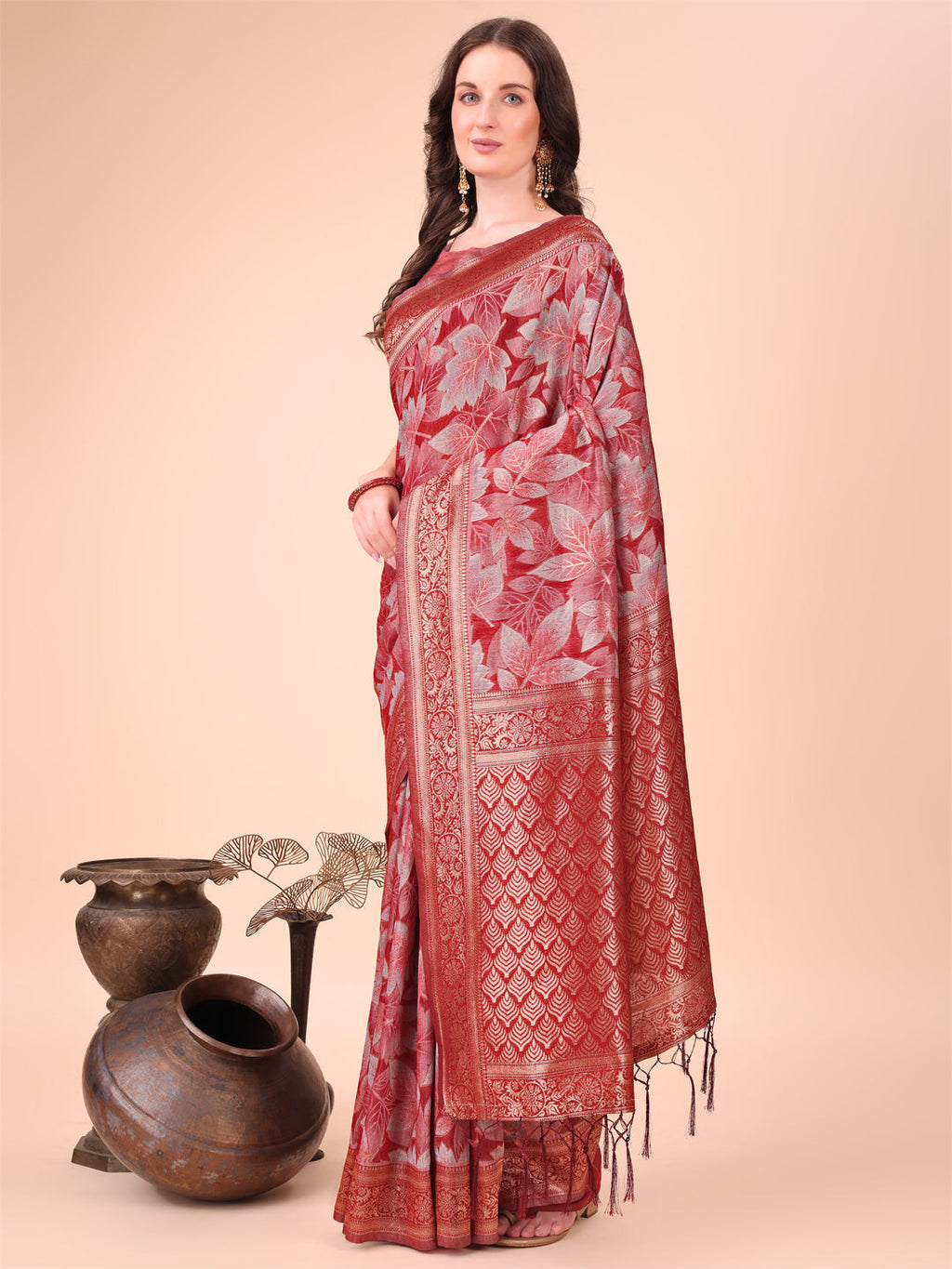Shree Shyam Fashion Elegant Red Cotton Silk Saree with Floral Design & Rich Pallu - Festive & Wedding Wear