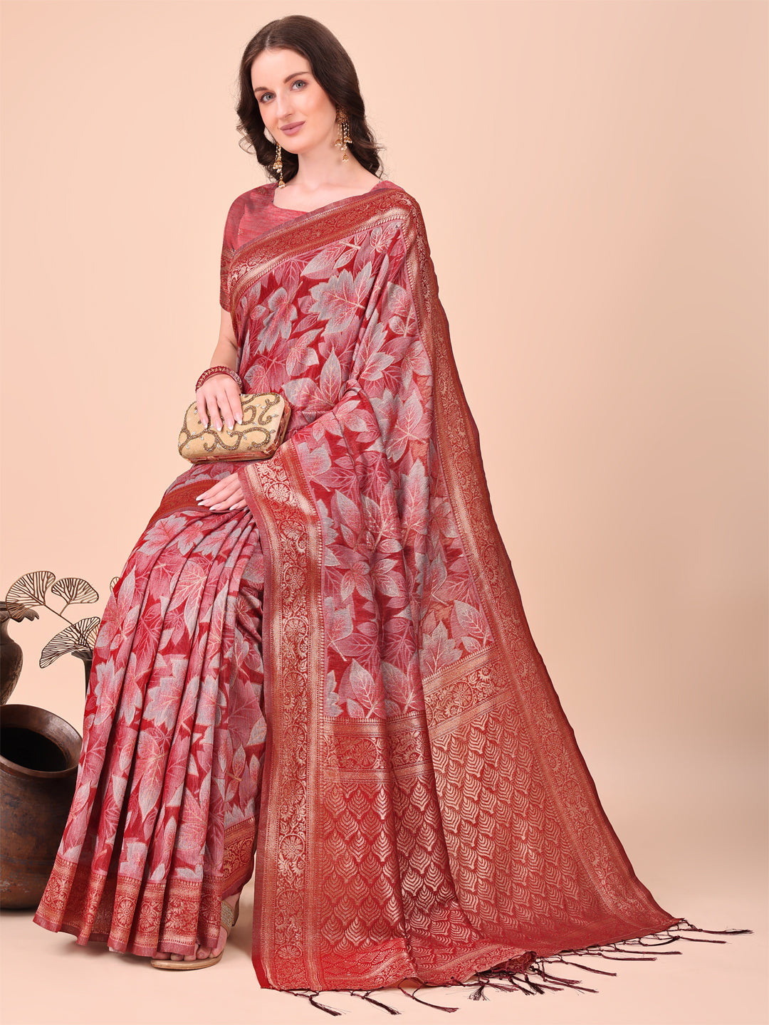 Shree Shyam Fashion Elegant Red Cotton Silk Saree with Floral Design & Rich Pallu - Festive & Wedding Wear