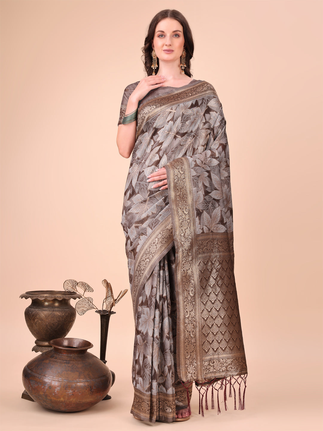 Shree Shyam Fashion Elegant Brown Cotton Silk Saree with Floral Design & Rich Pallu - Festive & Wedding Wear