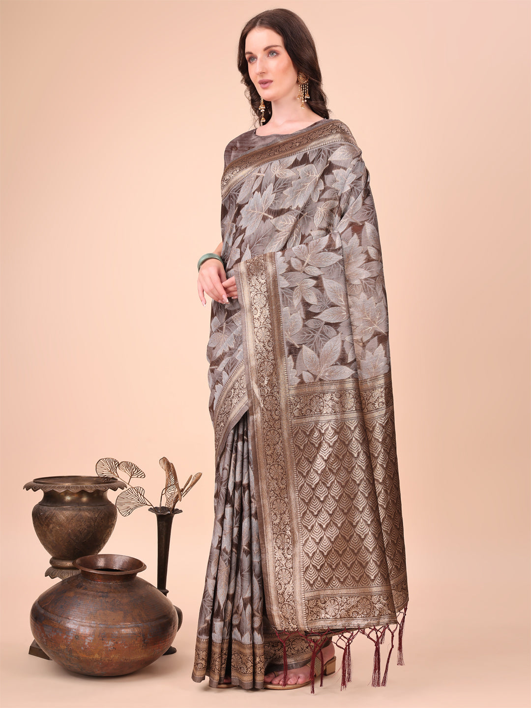 Shree Shyam Fashion Elegant Brown Cotton Silk Saree with Floral Design & Rich Pallu - Festive & Wedding Wear
