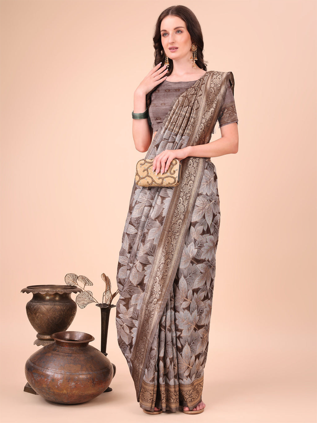 Shree Shyam Fashion Elegant Brown Cotton Silk Saree with Floral Design & Rich Pallu - Festive & Wedding Wear