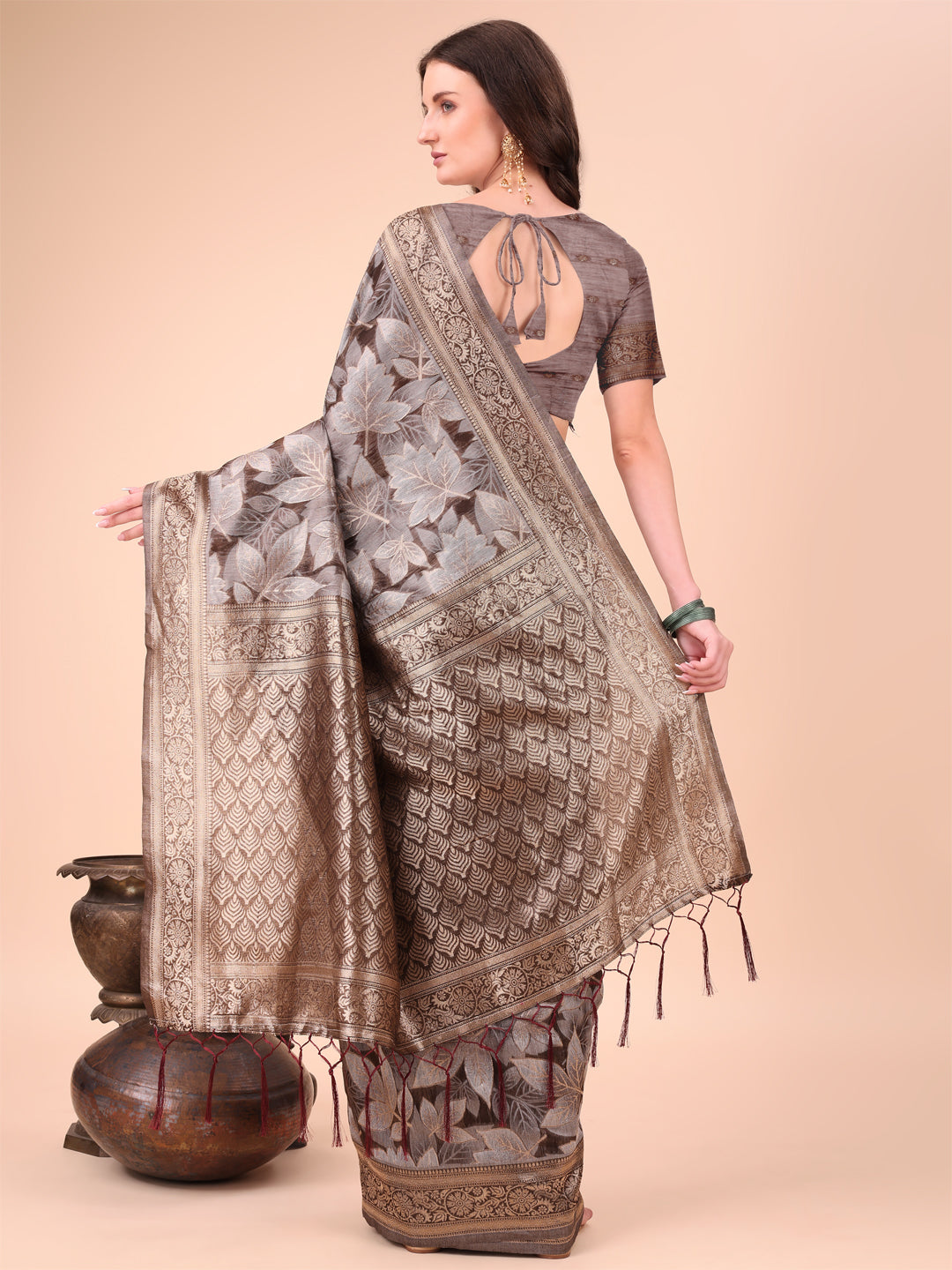 Shree Shyam Fashion Elegant Brown Cotton Silk Saree with Floral Design & Rich Pallu - Festive & Wedding Wear