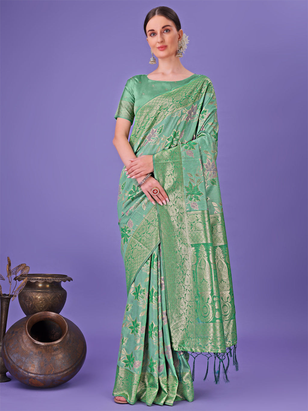 Shree Shyam Fashion Elegant Green Floral Lichi Silk Saree with Zari Weaving and Rich Pallu - Wedding & Festive Wear Saree