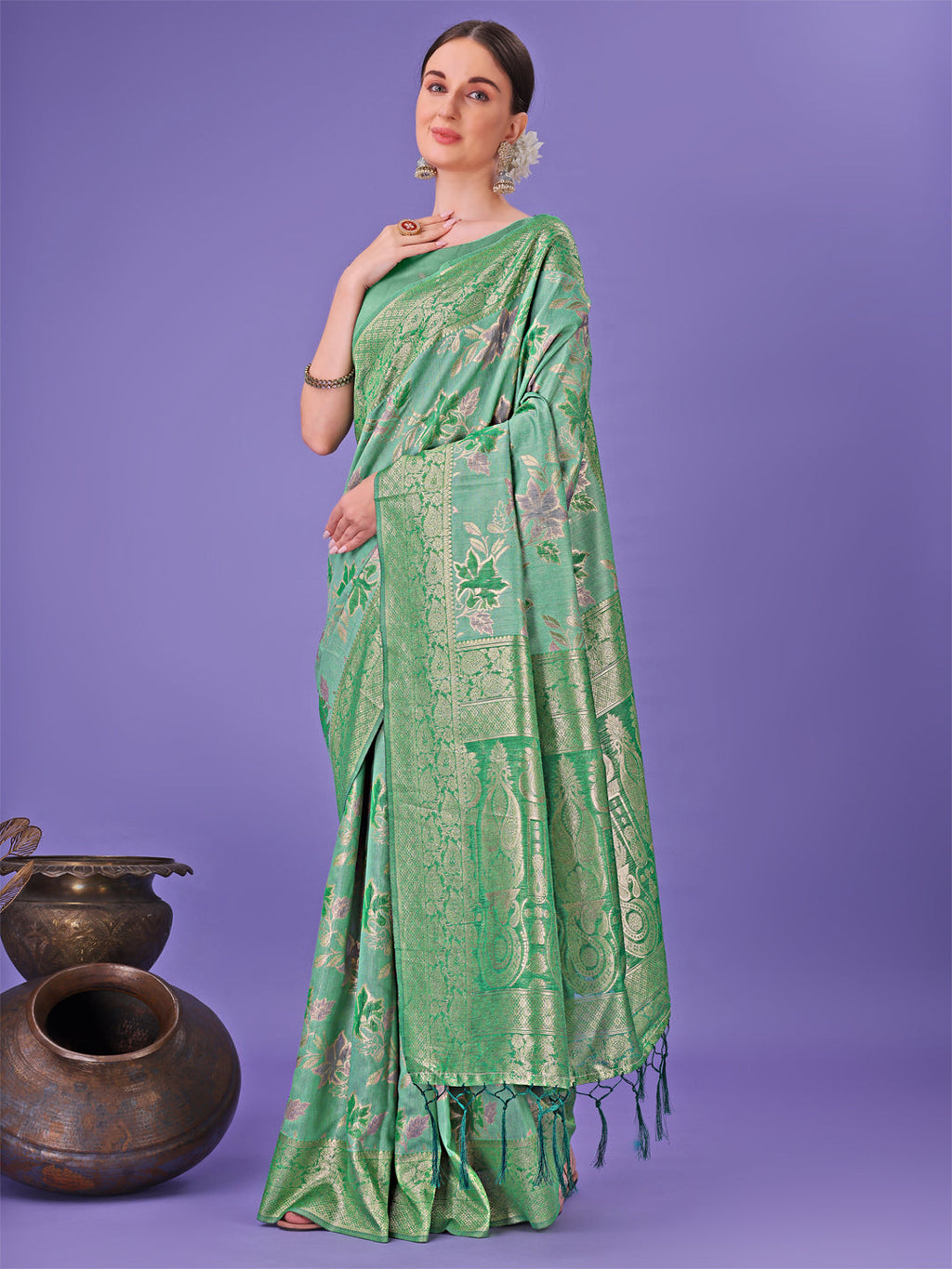 Shree Shyam Fashion Elegant Green Floral Lichi Silk Saree with Zari Weaving and Rich Pallu - Wedding & Festive Wear Saree