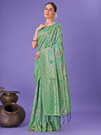 Shree Shyam Fashion Elegant Green Floral Lichi Silk Saree with Zari Weaving and Rich Pallu - Wedding & Festive Wear Saree
