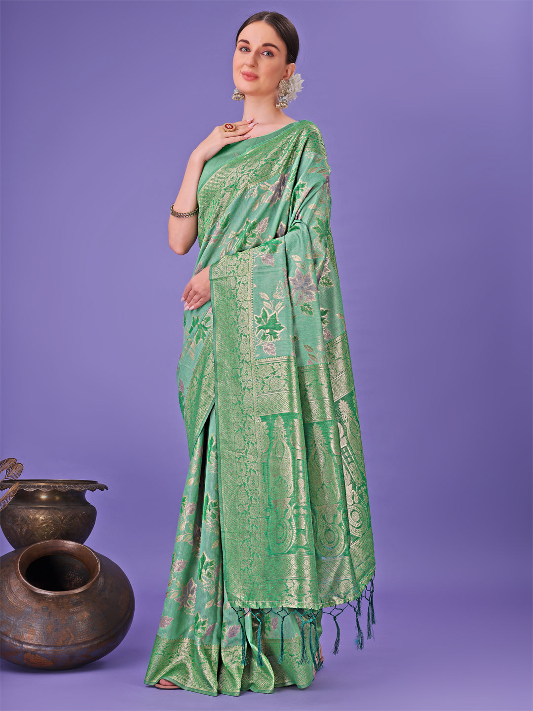 Shree Shyam Fashion Elegant Green Floral Lichi Silk Saree with Zari Weaving and Rich Pallu - Wedding & Festive Wear Saree