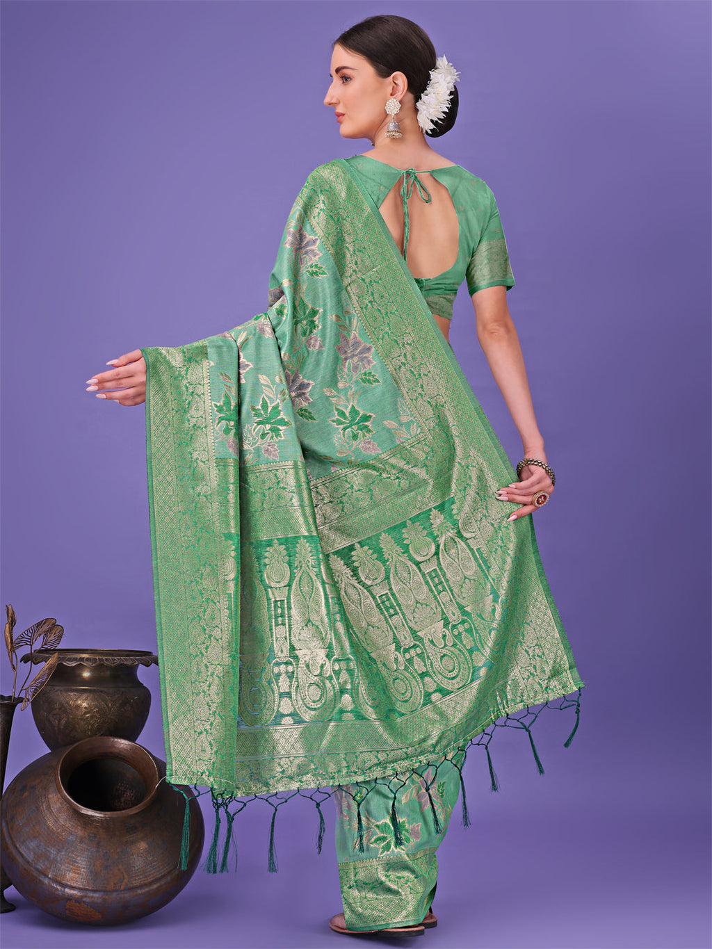 Shree Shyam Fashion Elegant Green Floral Lichi Silk Saree with Zari Weaving and Rich Pallu - Wedding & Festive Wear Saree