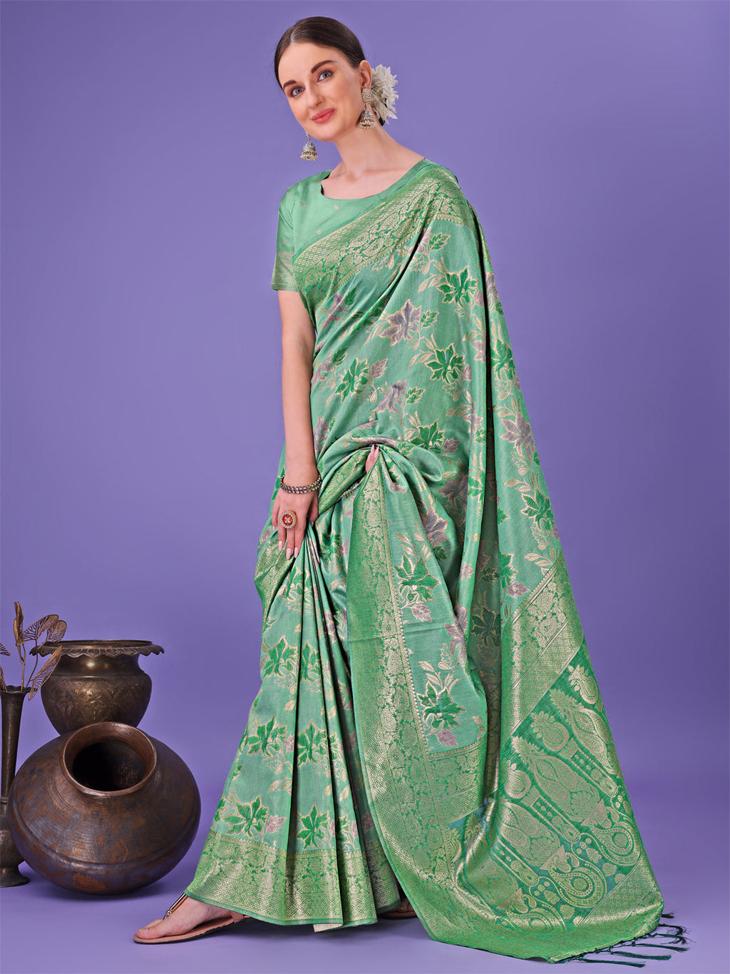 Shree Shyam Fashion Elegant Green Floral Lichi Silk Saree with Zari Weaving and Rich Pallu - Wedding & Festive Wear Saree