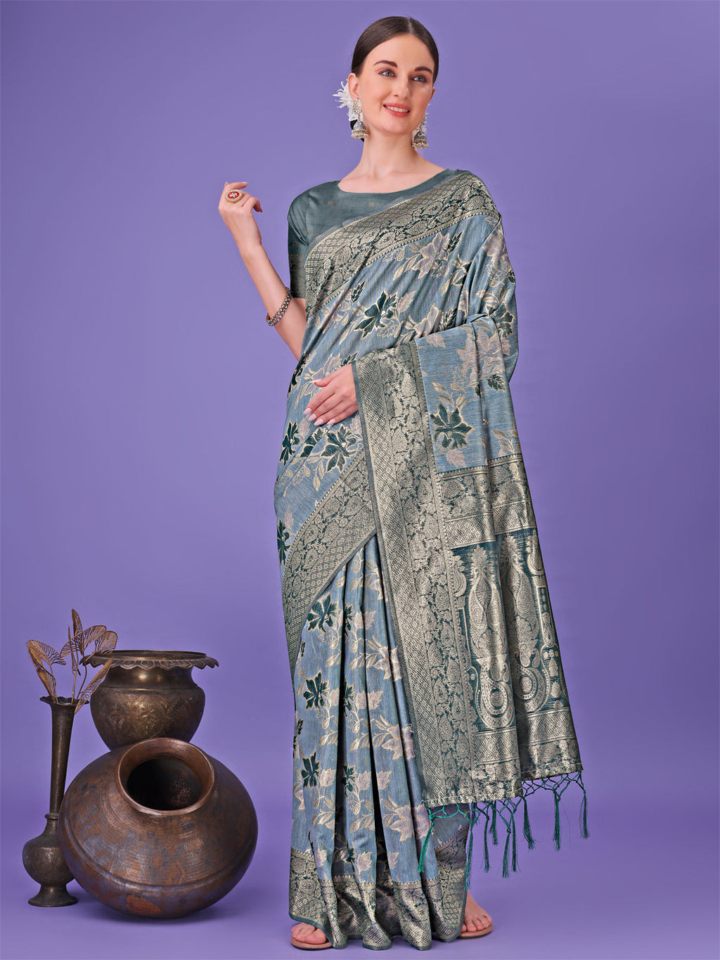Shree Shyam Fashion Elegant Teal Floral Lichi Silk Saree with Zari Weaving and Rich Pallu - Wedding & Festive Wear Saree