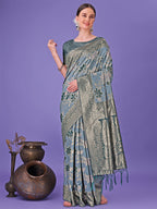 Shree Shyam Fashion Elegant Teal Floral Lichi Silk Saree with Zari Weaving and Rich Pallu - Wedding & Festive Wear Saree