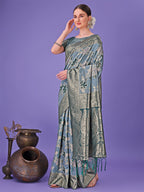 Shree Shyam Fashion Elegant Teal Floral Lichi Silk Saree with Zari Weaving and Rich Pallu - Wedding & Festive Wear Saree