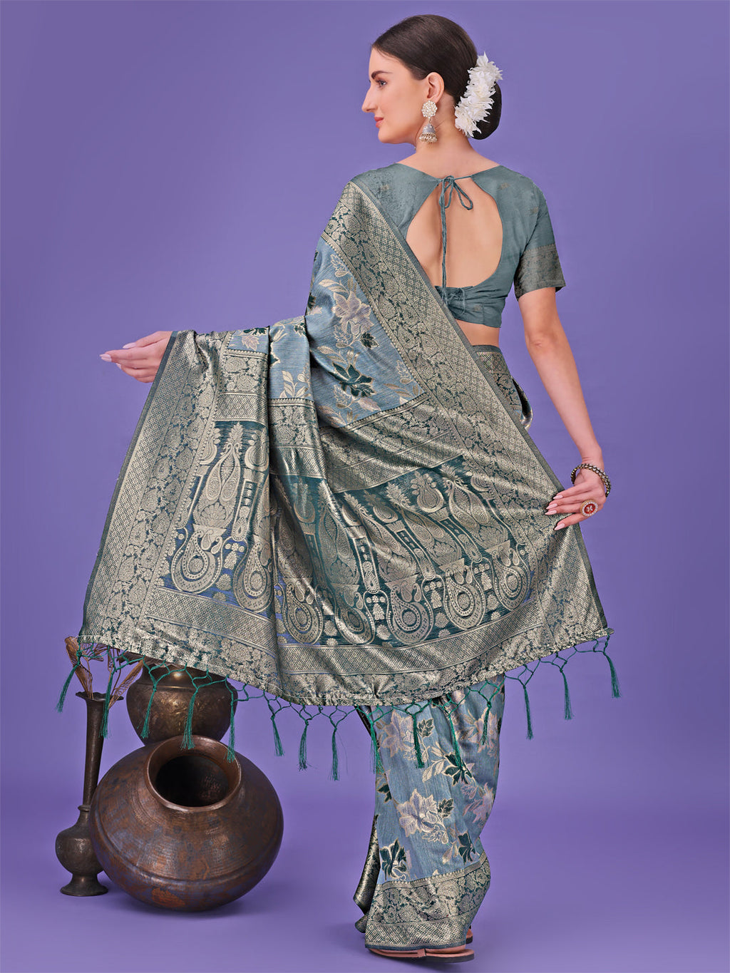 Shree Shyam Fashion Elegant Teal Floral Lichi Silk Saree with Zari Weaving and Rich Pallu - Wedding & Festive Wear Saree