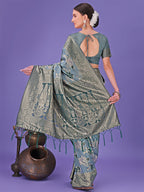 Shree Shyam Fashion Elegant Teal Floral Lichi Silk Saree with Zari Weaving and Rich Pallu - Wedding & Festive Wear Saree