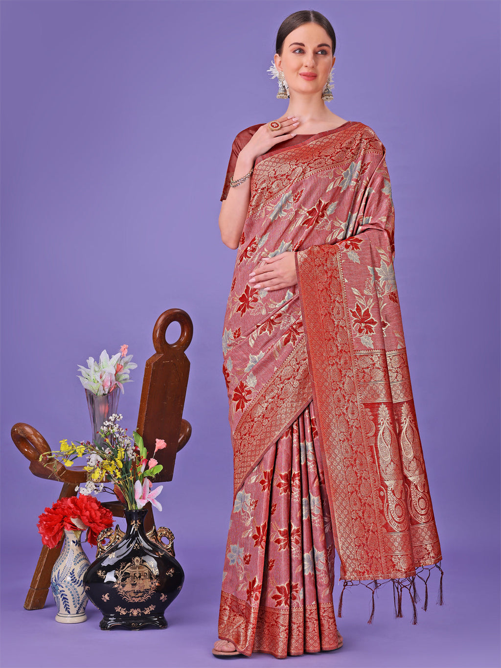 Shree Shyam Fashion Elegant Red Floral Lichi Silk Saree with Zari Weaving and Rich Pallu - Wedding & Festive Wear Saree