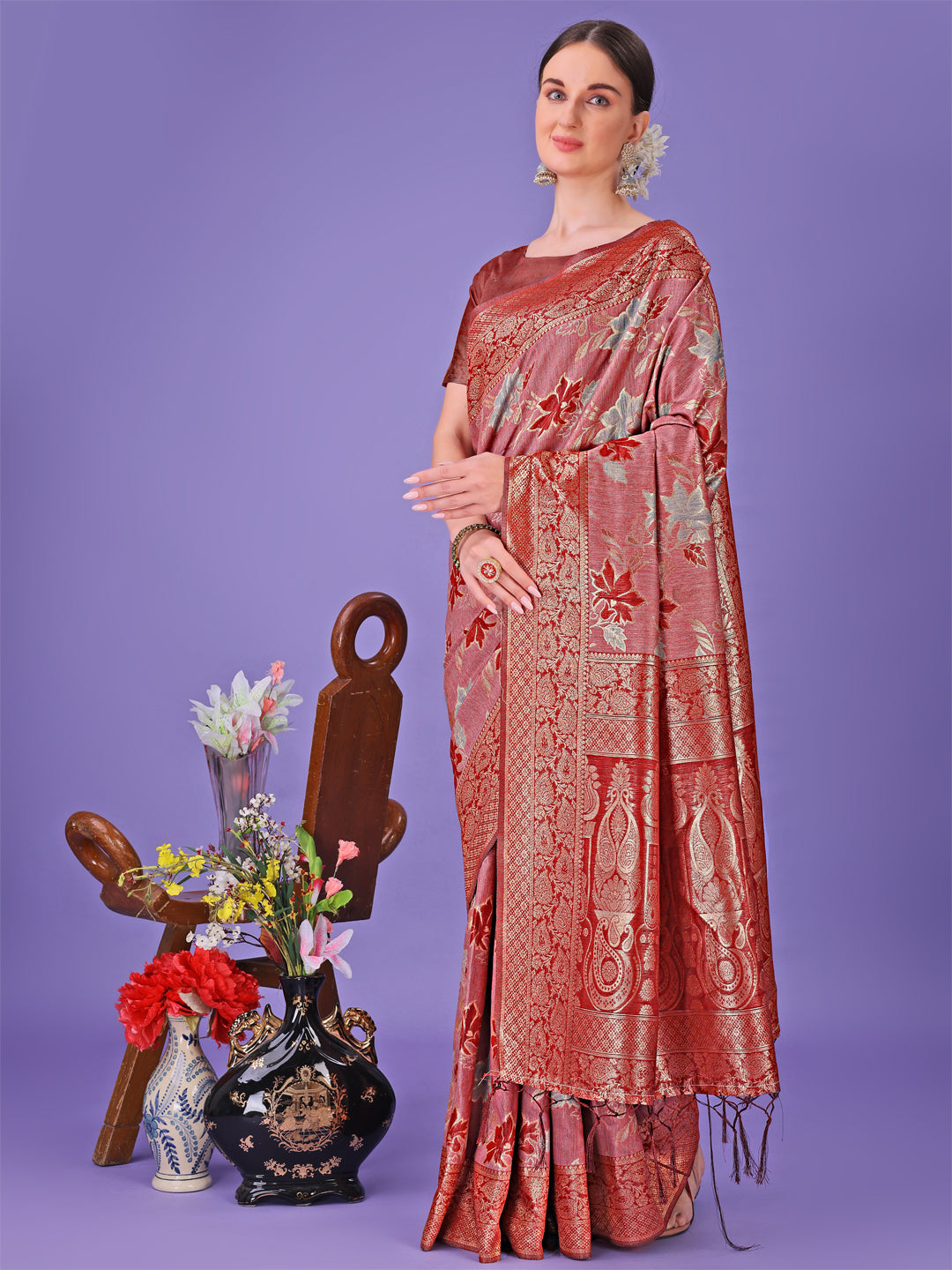 Shree Shyam Fashion Elegant Red Floral Lichi Silk Saree with Zari Weaving and Rich Pallu - Wedding & Festive Wear Saree