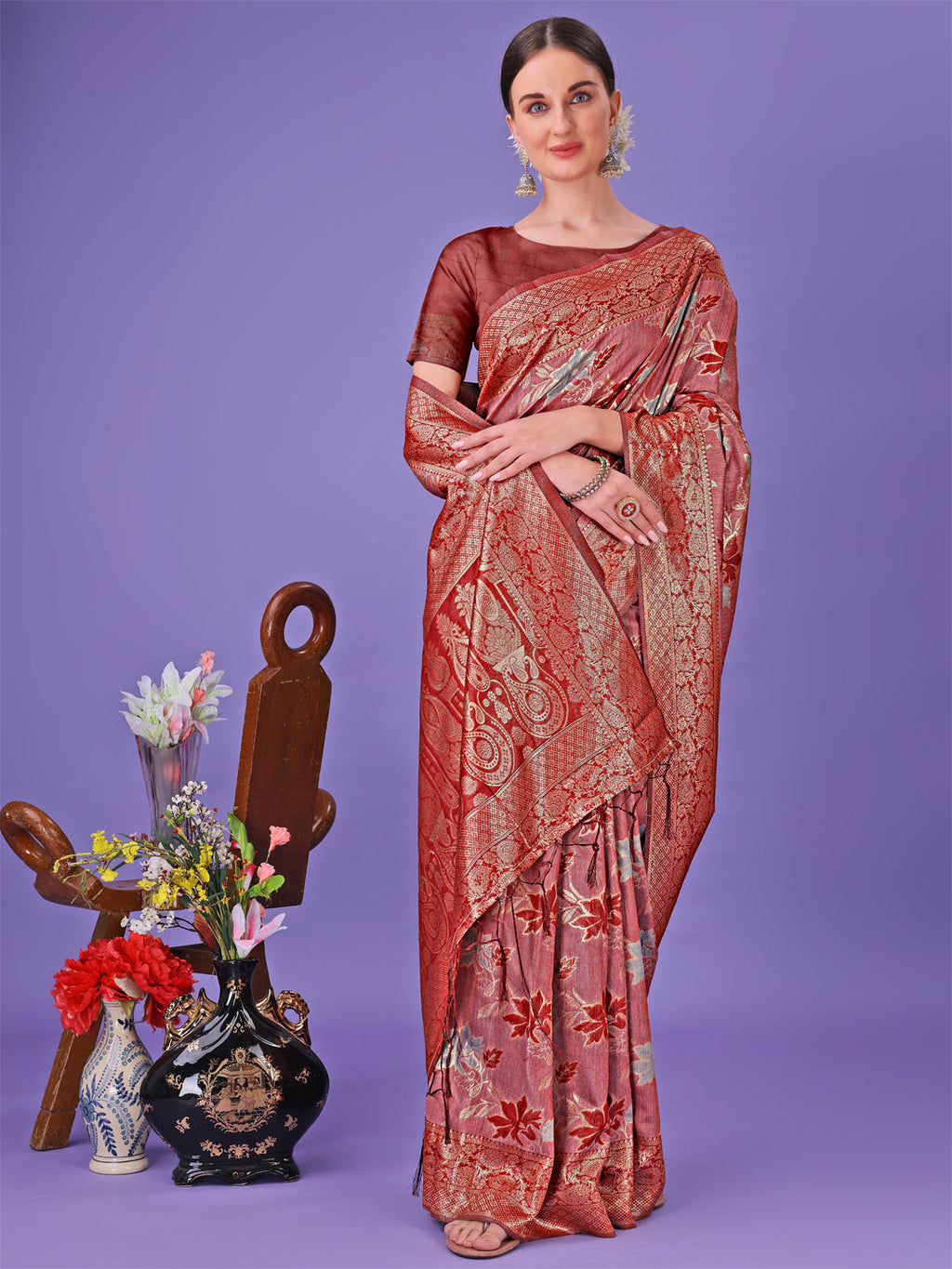 Shree Shyam Fashion Elegant Red Floral Lichi Silk Saree with Zari Weaving and Rich Pallu - Wedding & Festive Wear Saree