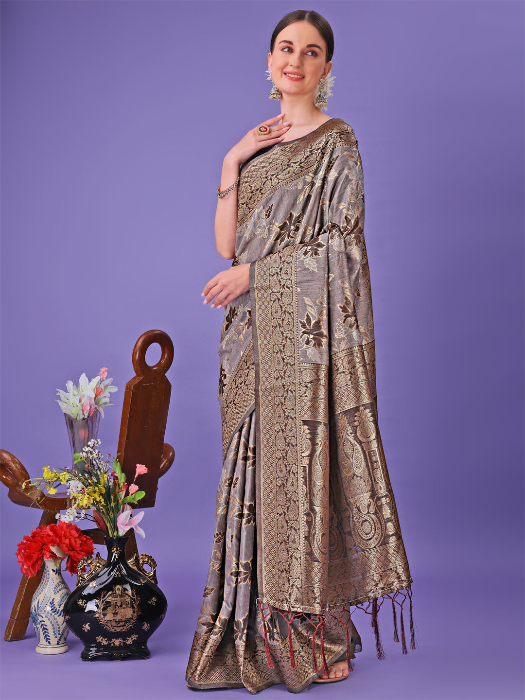 Shree Shyam Fashion Elegant Grey Floral Lichi Silk Saree with Zari Weaving and Rich Pallu - Wedding & Festive Wear Saree