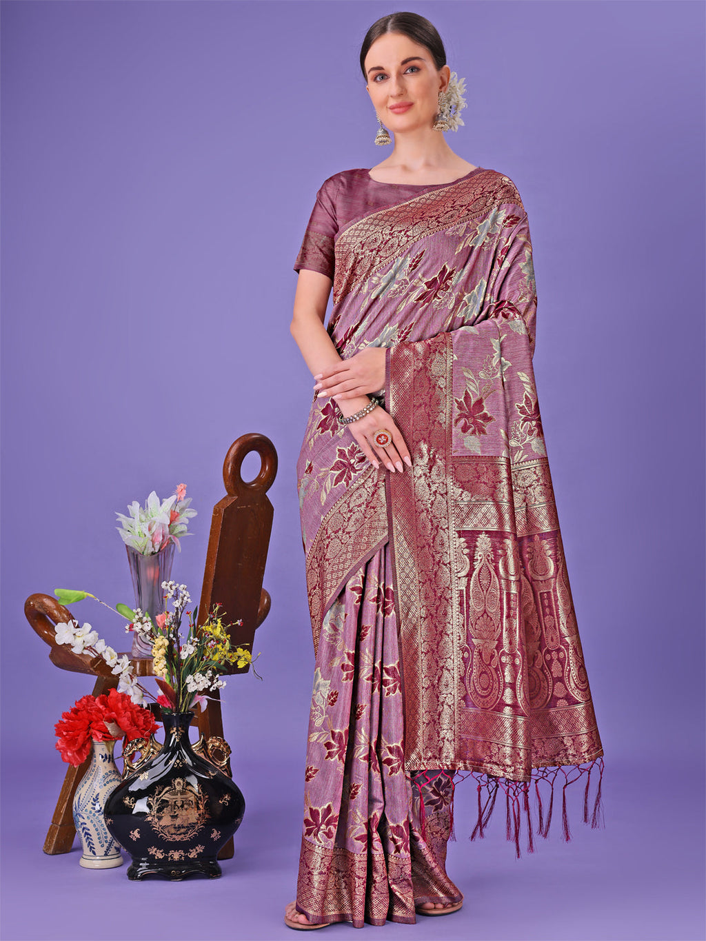 Shree Shyam Fashion Elegant Purple Floral Lichi Silk Saree with Zari Weaving and Rich Pallu - Wedding & Festive Wear Saree