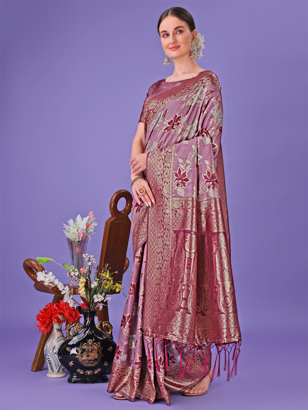 Shree Shyam Fashion Elegant Purple Floral Lichi Silk Saree with Zari Weaving and Rich Pallu - Wedding & Festive Wear Saree