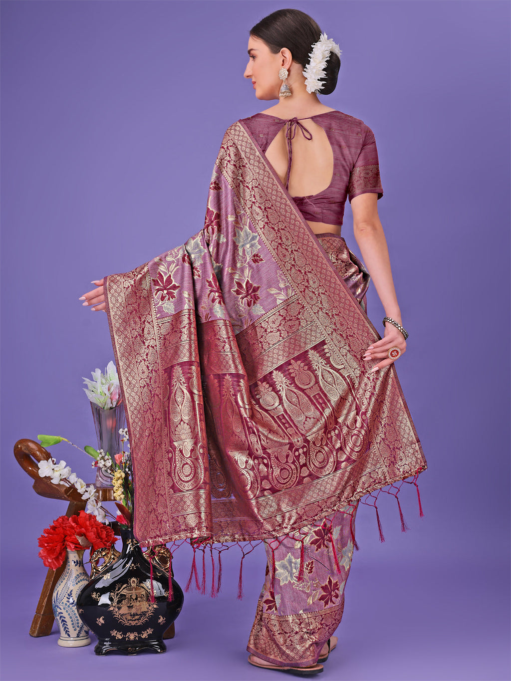 Shree Shyam Fashion Elegant Purple Floral Lichi Silk Saree with Zari Weaving and Rich Pallu - Wedding & Festive Wear Saree