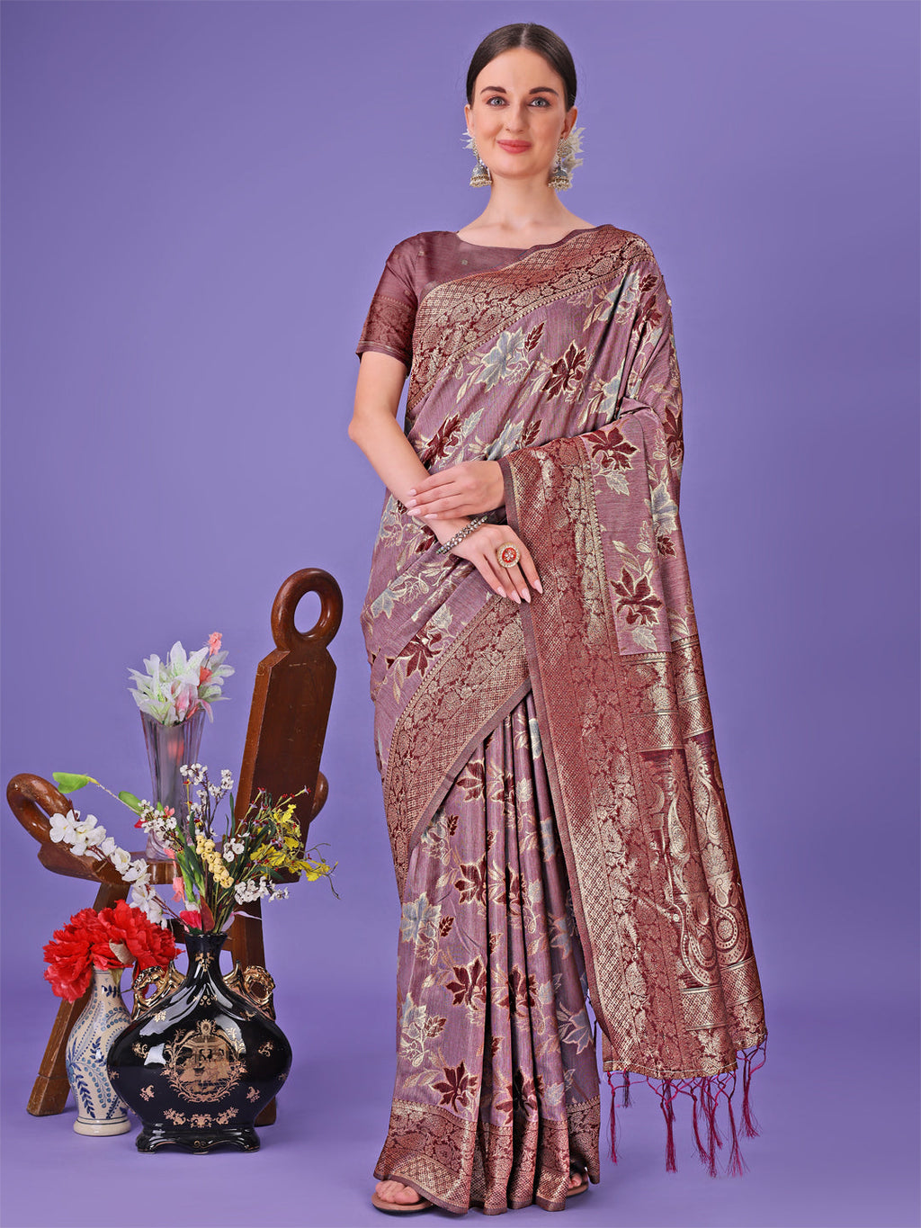 Shree Shyam Fashion Elegant Maroon Floral Lichi Silk Saree with Zari Weaving and Rich Pallu - Wedding & Festive Wear Saree