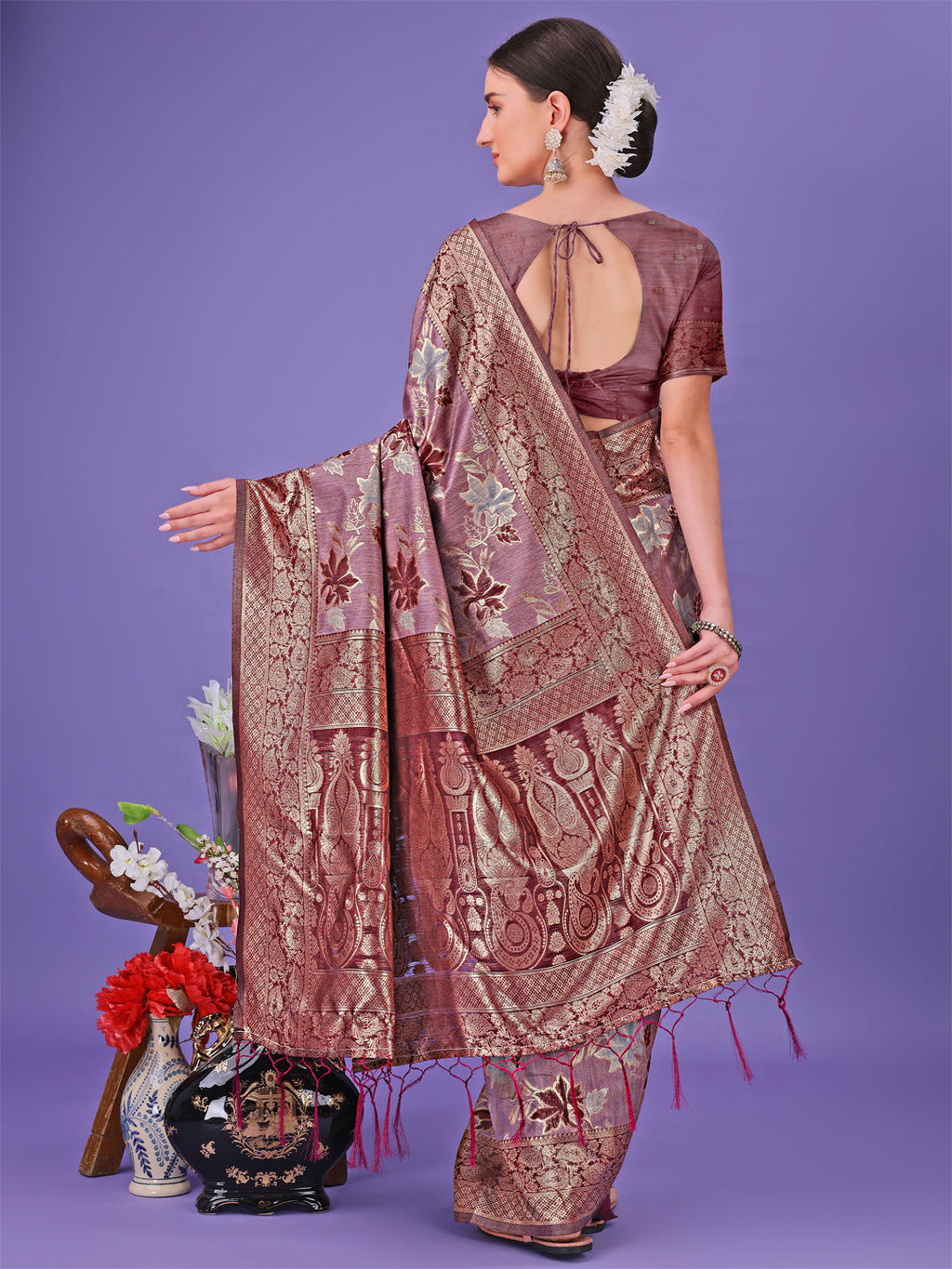 Shree Shyam Fashion Elegant Maroon Floral Lichi Silk Saree with Zari Weaving and Rich Pallu - Wedding & Festive Wear Saree