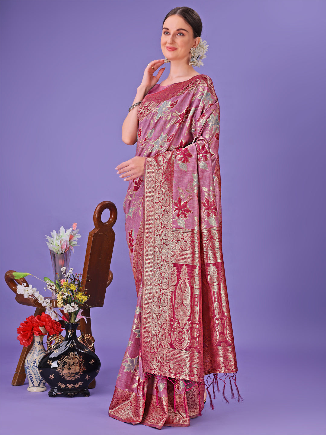 Shree Shyam Fashion Elegant Pink Floral Lichi Silk Saree with Zari Weaving and Rich Pallu - Wedding & Festive Wear Saree