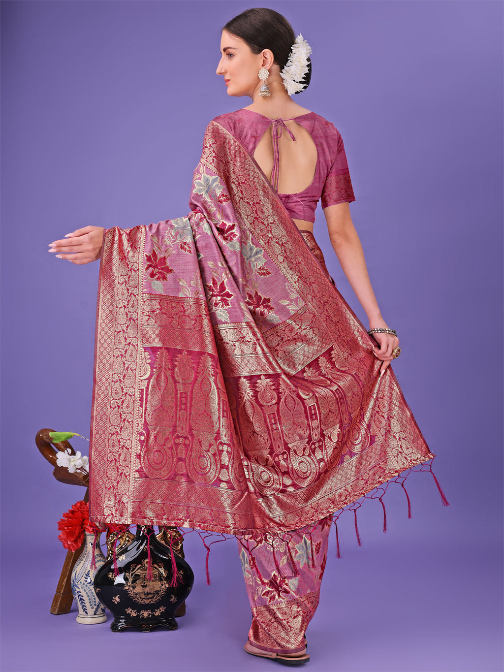 Shree Shyam Fashion Elegant Pink Floral Lichi Silk Saree with Zari Weaving and Rich Pallu - Wedding & Festive Wear Saree