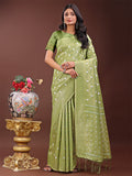 Shree Shyam Fashion Elegant Light Green Linen Saree with Silver Zari Butta & Pallu - Daily Wear | Festive Look | Soft Feel