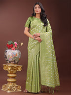 Shree Shyam Fashion Elegant Light Green Linen Saree with Silver Zari Butta & Pallu - Daily Wear | Festive Look | Soft Feel