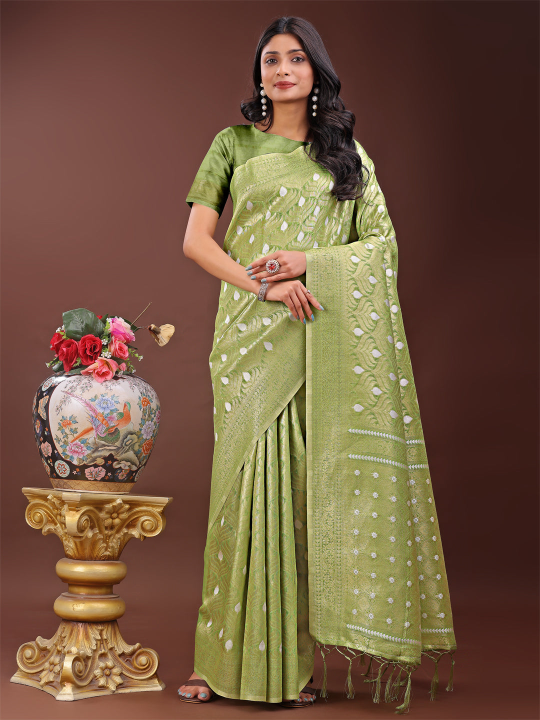 Shree Shyam Fashion Elegant Light Green Linen Saree with Silver Zari Butta & Pallu - Daily Wear | Festive Look | Soft Feel