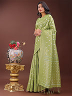 Shree Shyam Fashion Elegant Light Green Linen Saree with Silver Zari Butta & Pallu - Daily Wear | Festive Look | Soft Feel