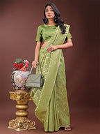 Shree Shyam Fashion Elegant Light Green Linen Saree with Silver Zari Butta & Pallu - Daily Wear | Festive Look | Soft Feel
