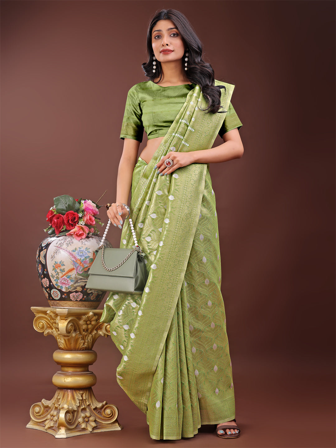 Shree Shyam Fashion Elegant Light Green Linen Saree with Silver Zari Butta & Pallu - Daily Wear | Festive Look | Soft Feel