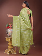 Shree Shyam Fashion Elegant Light Green Linen Saree with Silver Zari Butta & Pallu - Daily Wear | Festive Look | Soft Feel