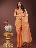 Shree Shyam Fashion Elegant Peach Linen Saree with Silver Zari Butta & Pallu - Daily Wear | Festive Look | Soft Feel
