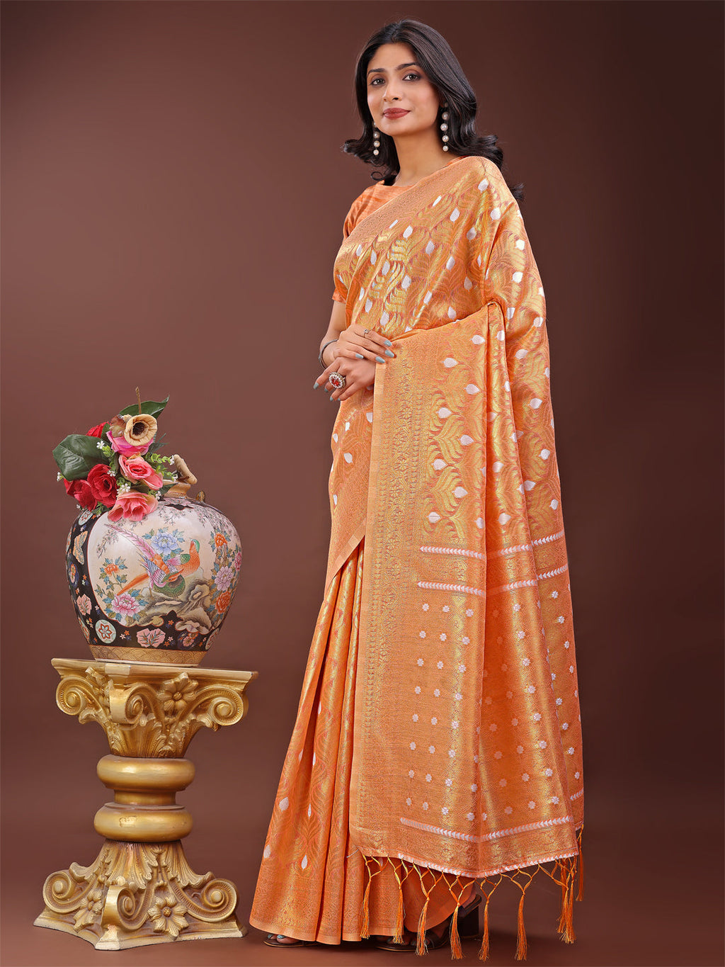 Shree Shyam Fashion Elegant Peach Linen Saree with Silver Zari Butta & Pallu - Daily Wear | Festive Look | Soft Feel