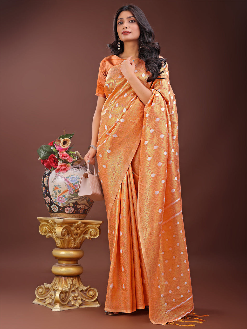 Shree Shyam Fashion Elegant Peach Linen Saree with Silver Zari Butta & Pallu - Daily Wear | Festive Look | Soft Feel